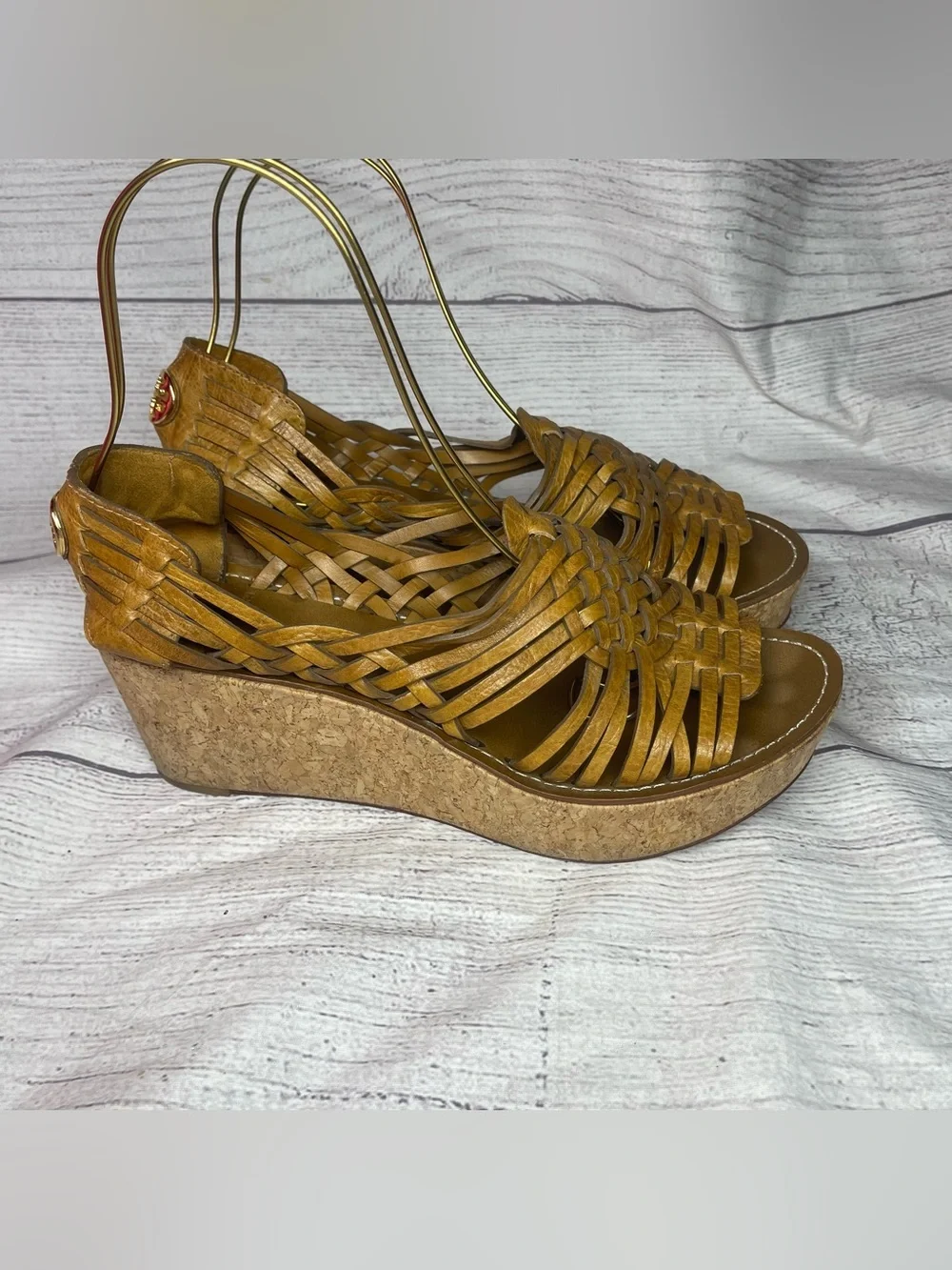 Tory Burch Women’s 11 Lottie Woven Leather Huarache Cork Wedge Sandals